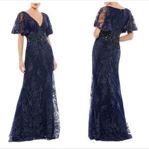 Mac Duggal 67493 Navy Blue Lace Beaded Sheer Flutter Sleeve Gown| Size 10